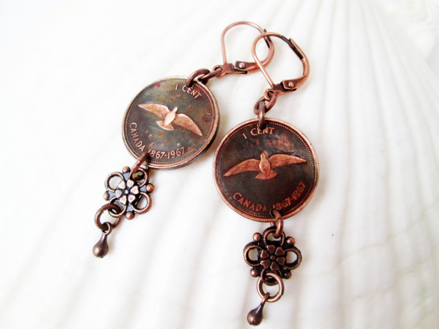 Canadian Penny Earring with Flower Drop (1967 dove)