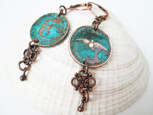 Canadian Penny Earring with Flower Drop (1967 dove)