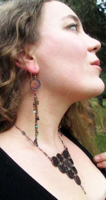 Canadian Penny Chain Earrings with Tassel Stones