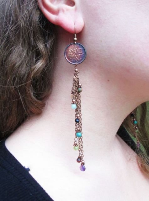 Canadian Penny Chain Earrings with Tassel Stones