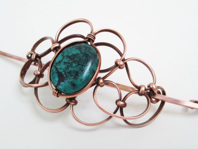 Genuine Turquoise Copper Hair Piece, with Stick