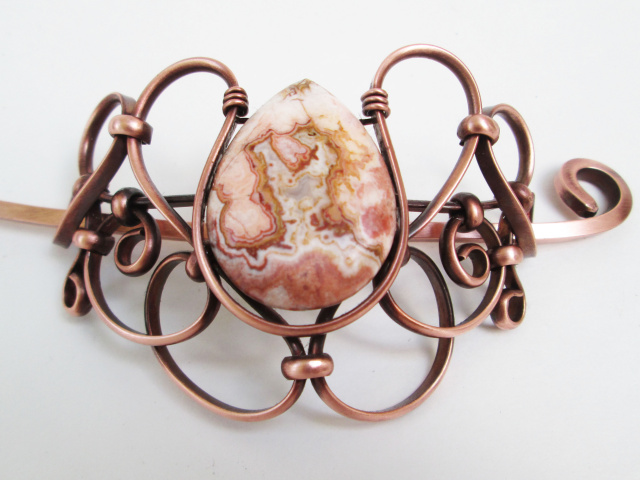 Lace Agate Hair Piece with Stick in Copper
