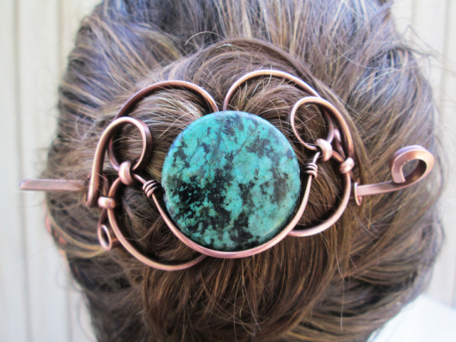 Reconstituted Turquoise Copper Hair Piece 