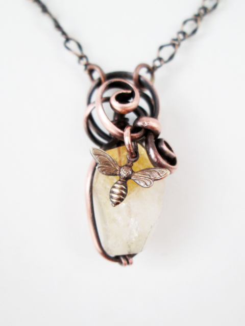 Citrine and Bee Copper Spiral Necklace
