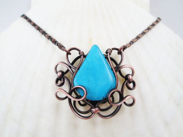 Turquoise Tear Wrapped Copper Necklace