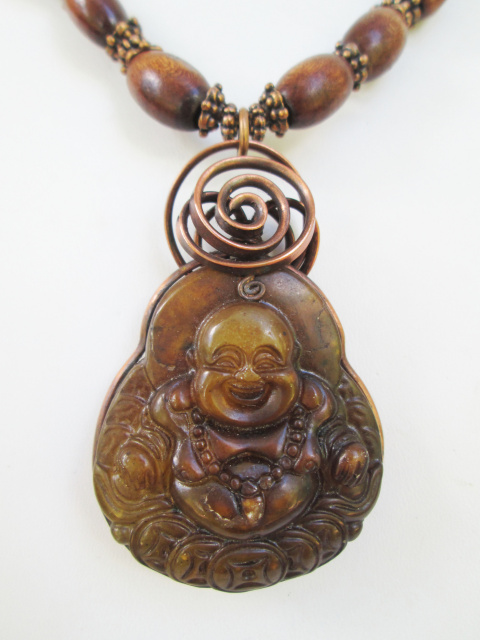 Agate Buddha Pendant with Wood Beads