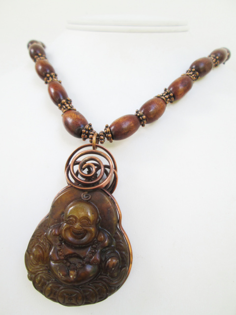 Agate Buddha Pendant with Wood Beads