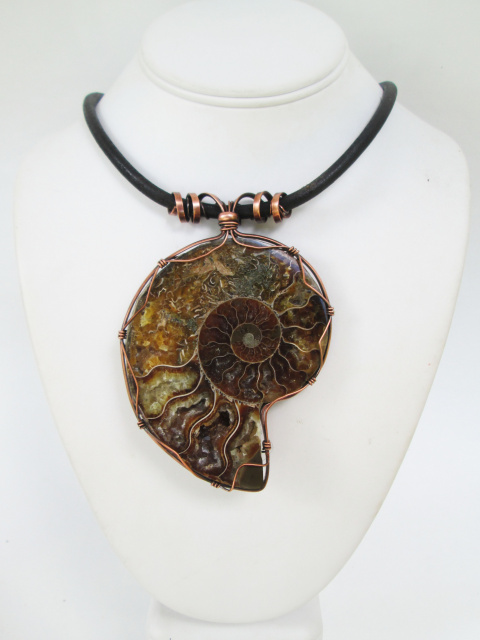 Ammonite Fossil Necklace with Copper and Leather